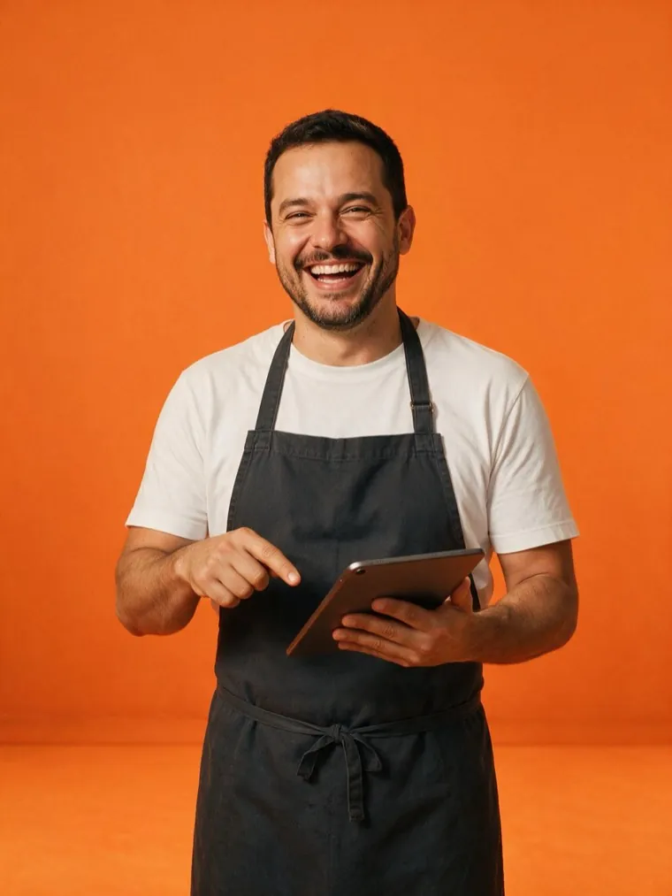 Dono de restaurante conferindo pedidos no celular atrás do balcão