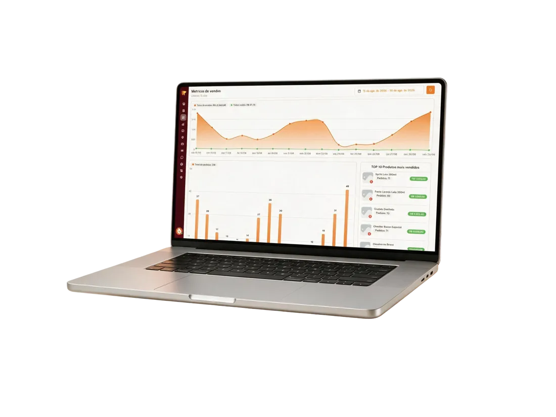 Notebook com o painel de relatórios do console: faturamento, pedidos e desempenho