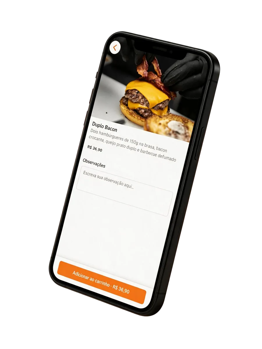Celular exibindo o cardápio digital do restaurante com foto do produto e botão de pedir