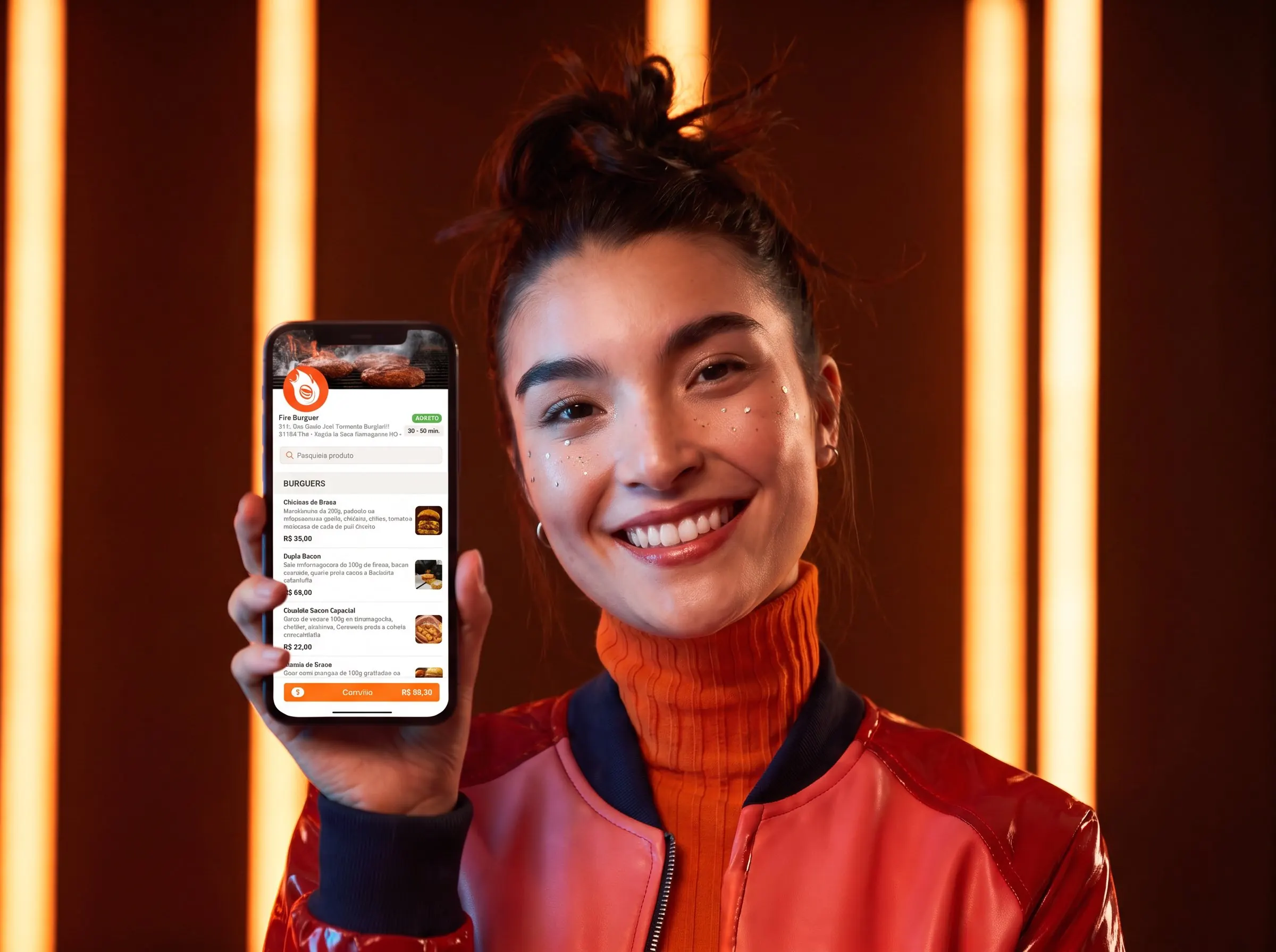 Cliente sorrindo segurando o celular com o cardápio do restaurante aberto no app da própria marca